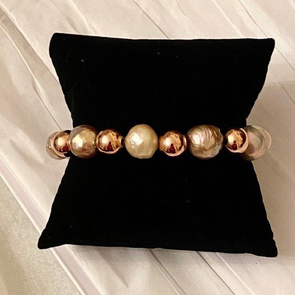 Radiant Honora Ming Pearl and Italian Rose Gold Bronze Bead Bracelet, 6.5" - Picture 1 of 13